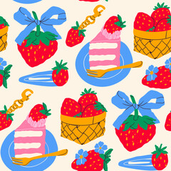 Strawberry set. Berry with bow ribbon, strawberry keychain, hair clip, basket with berries, cheesecake on plate. Hand drawn Vector illustration. Summer fresh sweets concept. Square seamless Pattern
