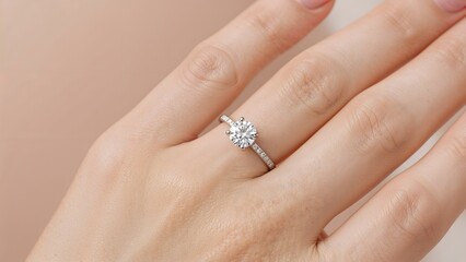 Elegant Solitaire Diamond Ring with Pave Band on Female Hand - Close-up Beauty Shot