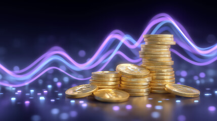 Coins stacked on peaks of line chart illustrate fluctuating financial growth. Vibrant gradient background enhances tech-finance mood. Concept of investment, finance, cryptocurrency
