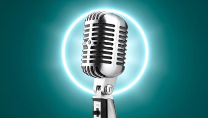 Fototapeta premium Silver Retro Microphone with Glowing Ring Light on Teal Background