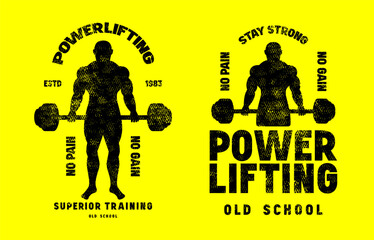 Emblem with powerlifter silhouette. Gym, workout, bodybuilding and athletic  theme. Graphic design with rough texture for t-shirt. Blue print on dark background