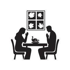 Family Praying Around Turkey Dinner Table &ndash; Autumn Window Scene Silhouette Vector in Black and White