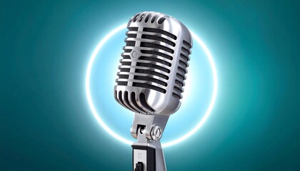 Fototapeta premium Silver Retro Microphone with Glowing Ring Light on Teal Background