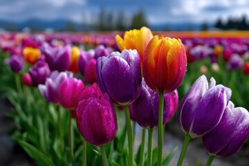 Fototapeta premium Blooming tulip field showcases vibrant colors under a picturesque sky
