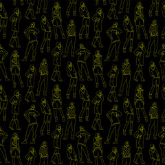 Seamless pattern with girls standing in different poses. Hand-drawn graphics in thin line stile. Isolated on black background