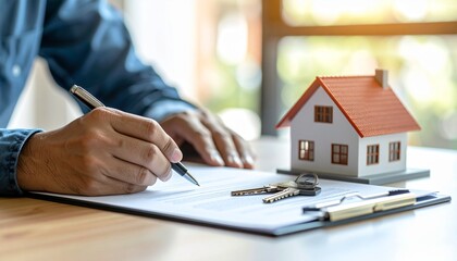 Close-up of a person signing a real estate contract next to a miniature house model and keys