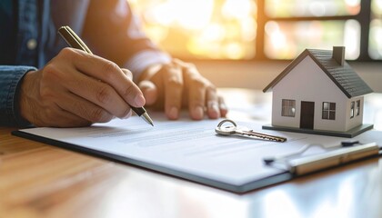 Signing the contract to purchase new house with a house model and keys on the table. A person's hand writing documents, representing a real estate transaction