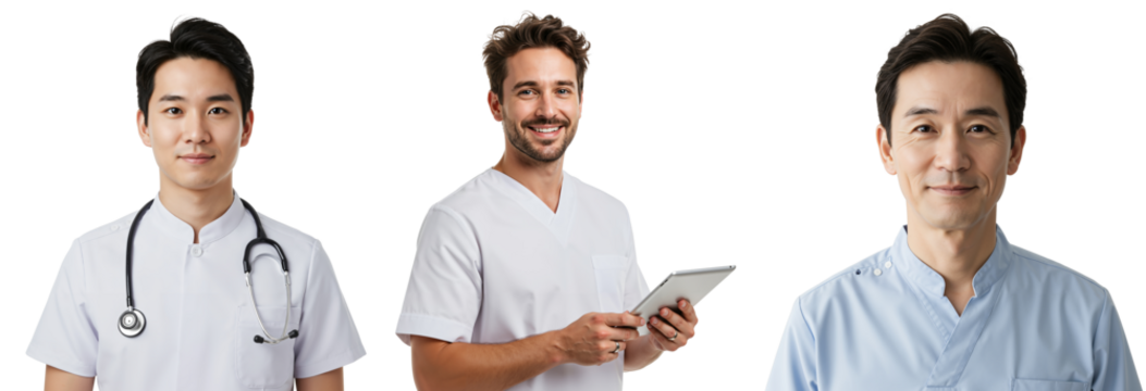 Three Male Medical Professionals of Varying Ages in Scrubs Displaying Friendly Expressions and Engaged in Different Activities Against a Black Background