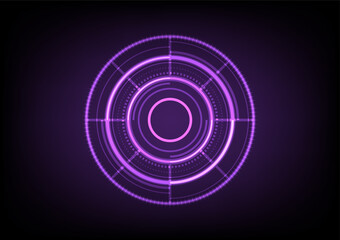 Futuristic circle techno background with glowing purple rings, digital interface, and sci fi