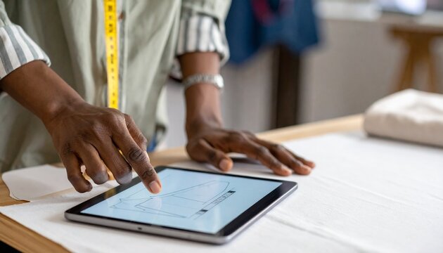 A fashion designer meticulously working on a tablet, crafting a new garment design. The scene captures the precision and creativity involved in fashion design