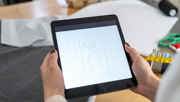 A designer holding a tablet that show design in atelier. A person is working in her workshop