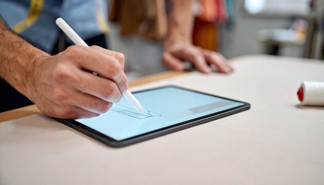 A professional designer using a stylus to draw on a digital tablet