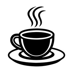 Hot Coffee Cup on Saucer, Steam, Black and White Illustration