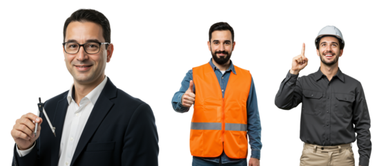 Three Men Representing Different Professions: A Smiling, Businessman with Glasses, a Thumbs-Up Construction Worker in an Orange Vest, and a Cheerful Engineer in a Hard Hat