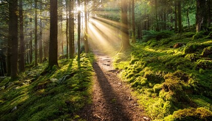 Obraz premium sunbeams illuminate a mossy forest path