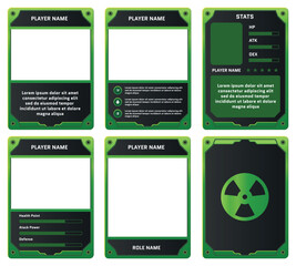 Complete game card template with radiation poison gas theme and green color combination, for ui game, trading card game, and player collection card purposes. available with eps 10 file.