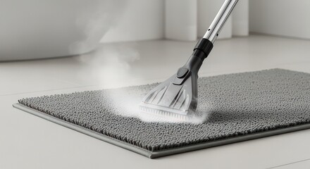 Steam Cleaning Tool Sanitizing Grey Mat with White Steam on Clean Floor Home Hygiene Concept