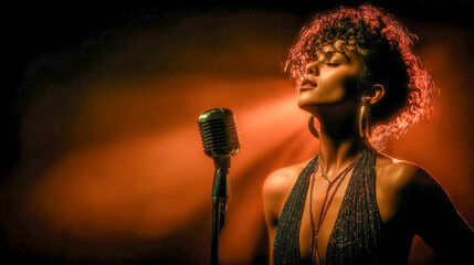 A glamorous female jazz singer performs passionately under a spotlight in a vintage-style club, holding a classic microphone with a live band playing behind her