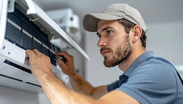 An technician meticulously inspects an air conditioner, ensuring everything functions correctly and delivering the best climate control
