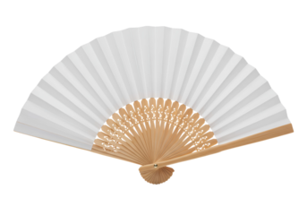 Elegant open hand fan with white paper and light wooden frame against a solid black backdrop providing simplicity.