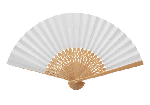Elegant open hand fan with white paper and light wooden frame against a solid black backdrop providing simplicity.