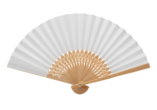 Elegant open hand fan with white paper and light wooden frame against a solid black backdrop providing simplicity.