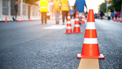 Traffic cone on asphalt road during roadwork and workers background. Safety and road maintenance theme