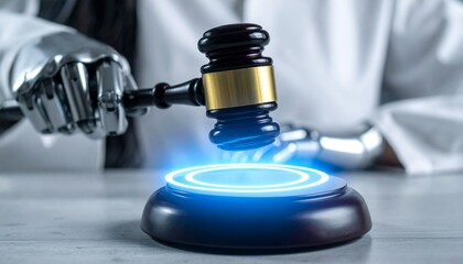 A robotic hand bangs a gavel on a futuristic sound block. Blue light shines beneath the sound block.