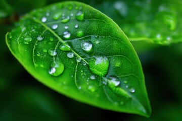 Fototapeta premium Water droplets glisten on a fresh green leaf after rain in a garden setting