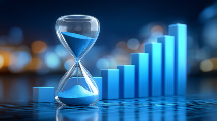 Hourglass stands beside ascending investment chart on glass, representing concept of time-based returns in finance. Cool blue palette with subtle reflections enhances modern technology feel