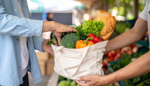 Fresh produce exchange at farmers market, emphasizing healthy eating and sustainable shopping choices