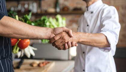 Chef and farmer shaking hands in kitchen, partnership, fresh produce