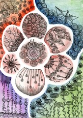 A bright and detailed composition combining watercolor fill and fine linear drawing. In the center are rounded shapes, each containing unique ornaments.