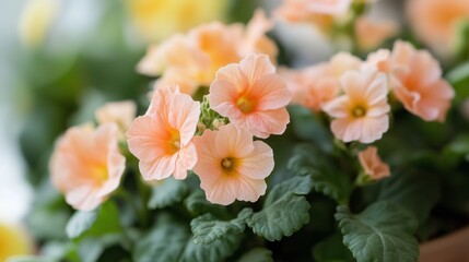 Obraz premium Peach-colored flowers bloom beautifully in indoor garden setting during spring season