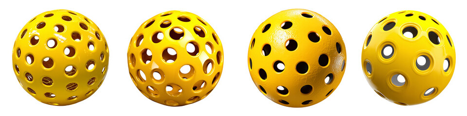 Fototapeta premium Set of a yellow ball with holes for pickleball, isolated on a transparent background.