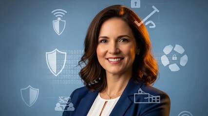 Confident Woman in Tech: Cybersecurity Leader with Digital Protection Icons - Powered by Adobe