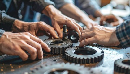 Closeup of hands assembling metal gears, showcasing teamwork and mechanical precision