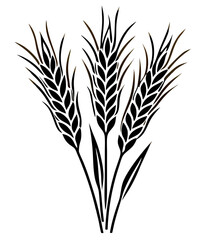 Three Wheat Stalks Black and White Illustration