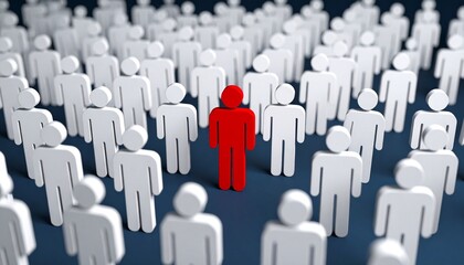 Obraz premium A solitary red figure stands out amidst a crowd of identical white figures. The image conveys the concept of individuality and uniqueness.