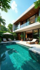 Dramatic modern villa, pristine pool, abundant greenery , greenery, contemporary, pool