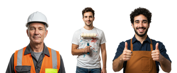 A Diverse Group of Three Male Workers Representing Various Trades: A Senior Construction Worker, a Young Painter, and a Smiling Craftsman in an Apron