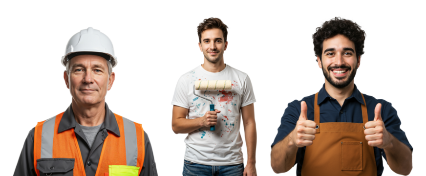 A Diverse Group of Three Male Workers Representing Various Trades: A Senior Construction Worker, a Young Painter, and a Smiling Craftsman in an Apron