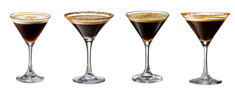 Set of an espresso martini cocktail in an elegant glass, isolated on a transparent background.