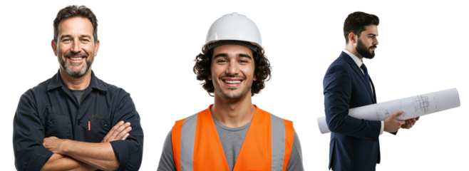 A Diverse Group of Three Males: A Middle-aged Man, a Young Construction Worker, and a Businessman Holding Blueprints, Showcasing Varied Professional Roles