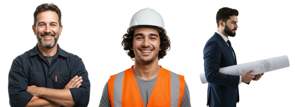 A Diverse Group of Three Males: A Middle-aged Man, a Young Construction Worker, and a Businessman Holding Blueprints, Showcasing Varied Professional Roles - Powered by Adobe