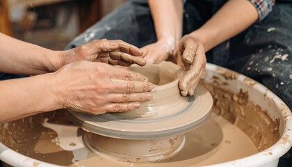 A hands-on pottery class in session, with a focus on shaping a pot on a spinning wheel. A sense of learning and craftsmanship emerges.