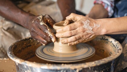 Hands working together to shape a clay pot on a pottery wheel, emphasizing collaboration and skill