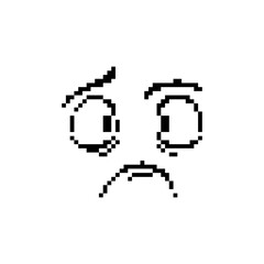 Pixelated sad face icon in black and white, showing a worried expression with large eyes.