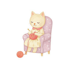 Fototapeta premium Cute cat sitting and knitting 