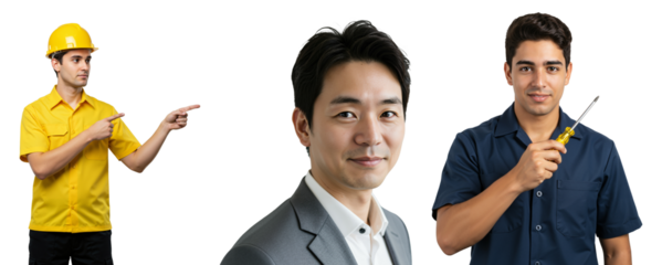 Group of Three Diverse Males in Professional Attire: Asian Man in Suit, Hispanic Man with Screwdriver, Caucasian Man in Yellow Hard Hat Pointing